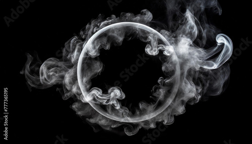 Gray smoke in form of circle isolated on black background.