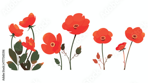 Five red paper flowers on white background 2d flat