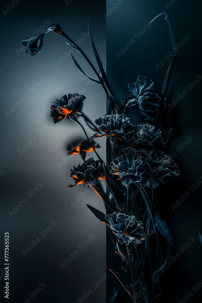 Dark flowers, vertical canvas template for funeral, dimly lit , moody ambiance, matte, minimalistic
