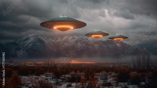 Unidentified Flying Objects Hovering Over Majestic Mountain Landscape Amidst Ominous Storm Clouds