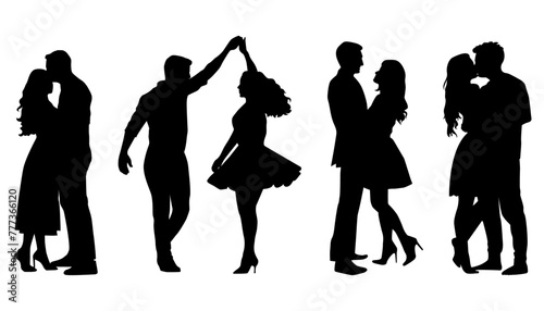 Group of Happy People Silhouettes  Romantic Couples  Love  Happiness  Man  Women  Dance  Kiss  Lovers  Family  Black  Isolated  Vector Illustration