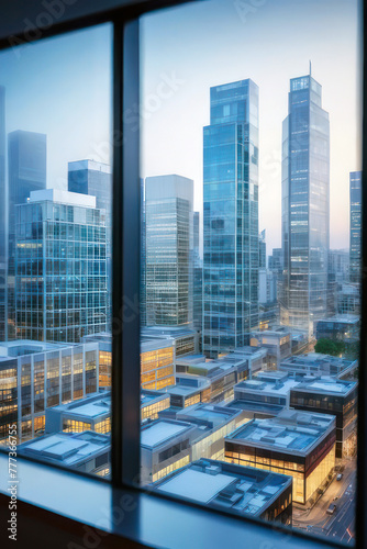 Blurred background of the view from the large office windows to skyscrapers. Layout for design.