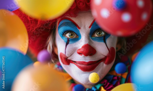 A happy juggling clown on children's birthday, close up photo