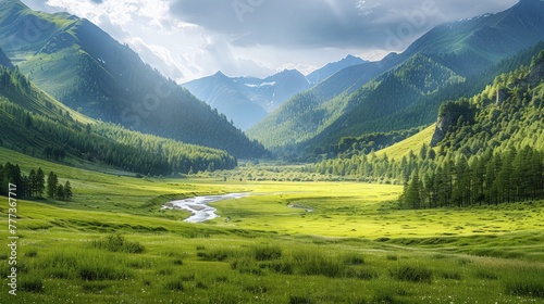 An expansive view of a green mountain range with a shimmering river in the valley, flanked by forests and meadows. photo