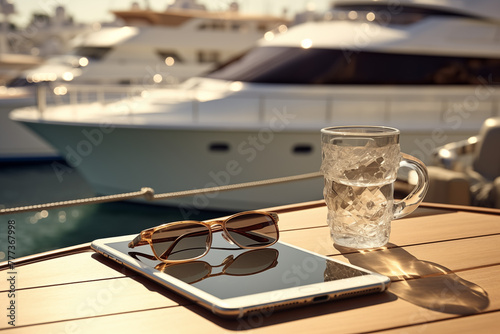 vacances sur un Yacht en été, pont du navire en teck, sur la table une table numérique, une paire de lunettes de soleil et un grand verre à bière. Fond flouté des autres yachts du port photo