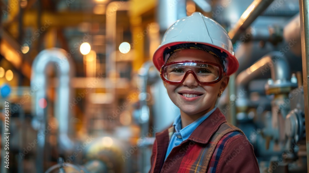 A smiling female engineer with safety helmet and glasses inside an industrial plant with complex piping in the background.