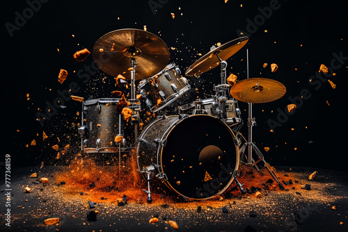 A drum set is shown with a lot of debris and dust