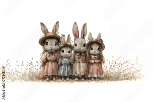 anthropomorphisme, 4 lapines habillées comme des enfants avec des robes et des chapeaux en osier dans un champs. Symboles de Pâques et du printemps. Style aquarelle illustrations pour enfants