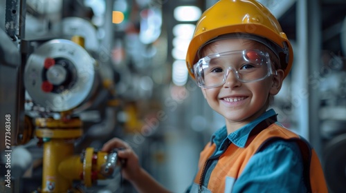 Smiling child in safety gear with goggles and helmet pretends to work on industrial equipment. Playful, future engineer concept.