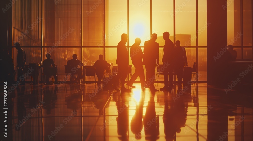 The business team gathered in the backlit office to discuss business, and the silhouette of the business group meeting