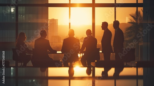 The business team gathered in the backlit office to discuss business, and the silhouette of the business group meeting