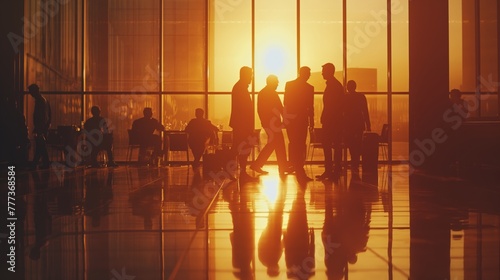 The business team gathered in the backlit office to discuss business, and the silhouette of the business group meeting