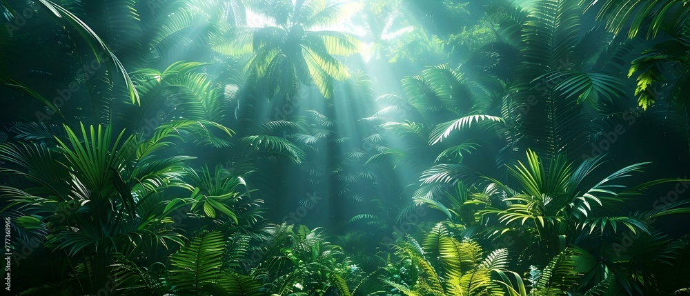 Fototapeta premium Lush tropical rainforest with diverse plant species complete ecosystems fertile areas. Concept Tropical Rainforest, Plant Diversity, Ecosystems, Fertile Areas, Biodiversity