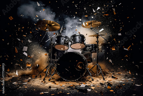 A drum set is shown with a lot of debris and dust © Алла Морозова