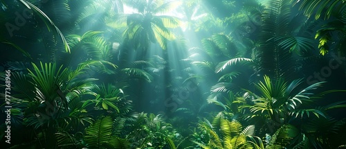Lush tropical rainforest with diverse plant species complete ecosystems fertile areas. Concept Tropical Rainforest, Plant Diversity, Ecosystems, Fertile Areas, Biodiversity © Anastasiia