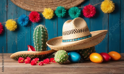 A colorful and festive Cinco de Mayo celebration concept with cacti in pots wearing sombreros, surrounded by maracas and decorative ornaments.