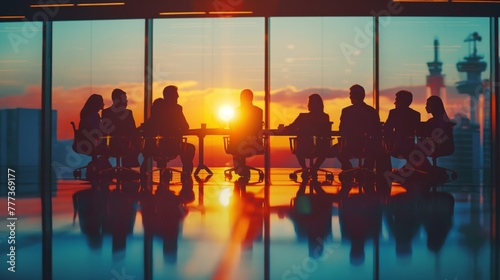 The business team gathered in the backlit office to discuss business, and the silhouette of the business group meeting
