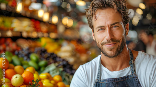 Portrait of handsome man selling fruits and vegetables in the market