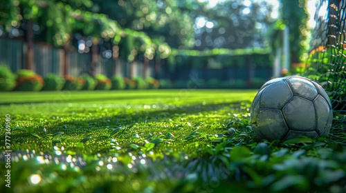 Soccer ball on the green field of stadium with lights and flashes