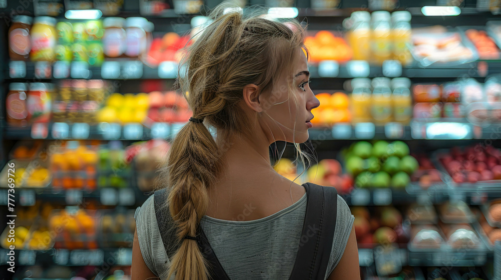 Back view of young woman with long hair looking at fruits in supermarket