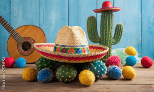 A colorful and festive Cinco de Mayo celebration concept with cacti in pots wearing sombreros, surrounded by maracas and decorative ornaments.