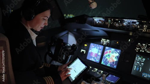 A female pilot prepares for departure in rainy weather