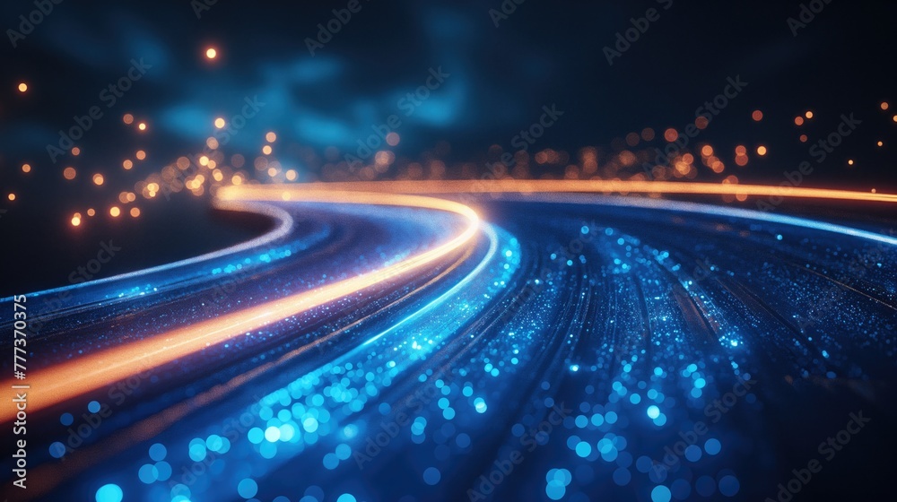Computer generated image of swirling blue lights of road in space Computer generated image of swirling blue lights of road in space