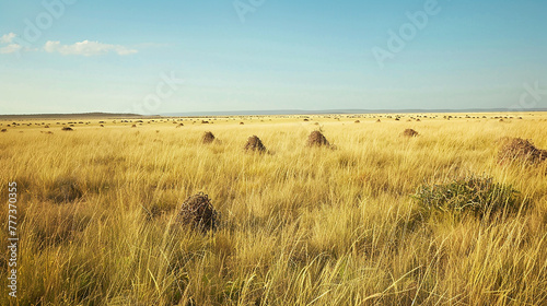 A panoramic view of a vast expanse of grasslands, dotted with scattered termite mounds under a clear African sky. photo