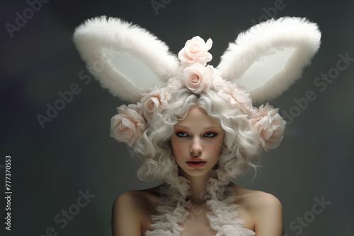 Pâques coquines et sexy, façon magasines porno et érotiques pour adultes, une femme en tenue de Lapin de Pâques avec de grandes oreilles blanches une perruque blanche à fleurs et top en tulle blanc