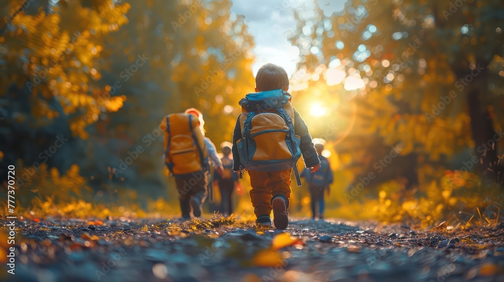 A group of children are walking through a forest A group of children are walking through a forest