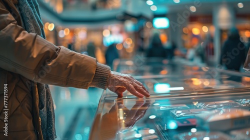 Person browsing items in a glass display case at a brightly lit indoor shopping center.