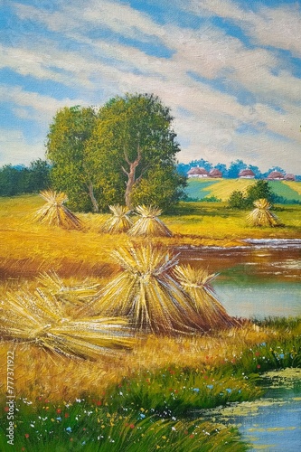 Oil paintings rustic landscape, fine art, old house on the river.  Summer rural landscape, old village, sheaves of wheat on the river bank, reflection in the water.