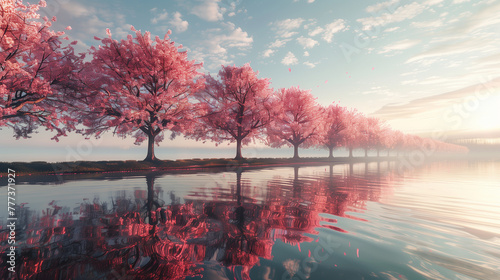 Spring cherry blossoms illuminate the waterside