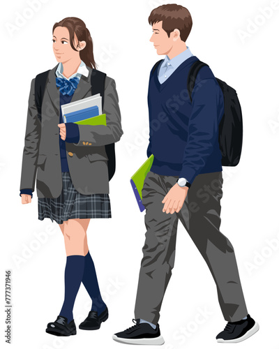 制服姿で並んで歩く男女の高校生