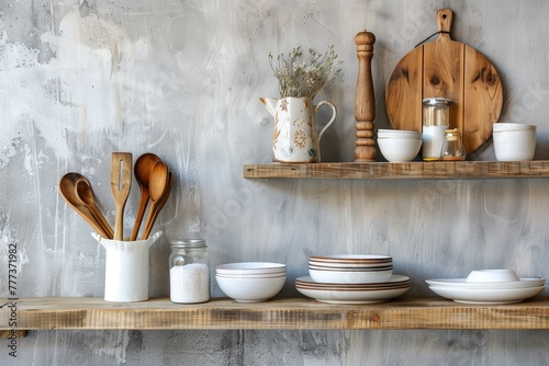 Kitchen utensils and dishware on wooden shelf. Kitchen organization. photo