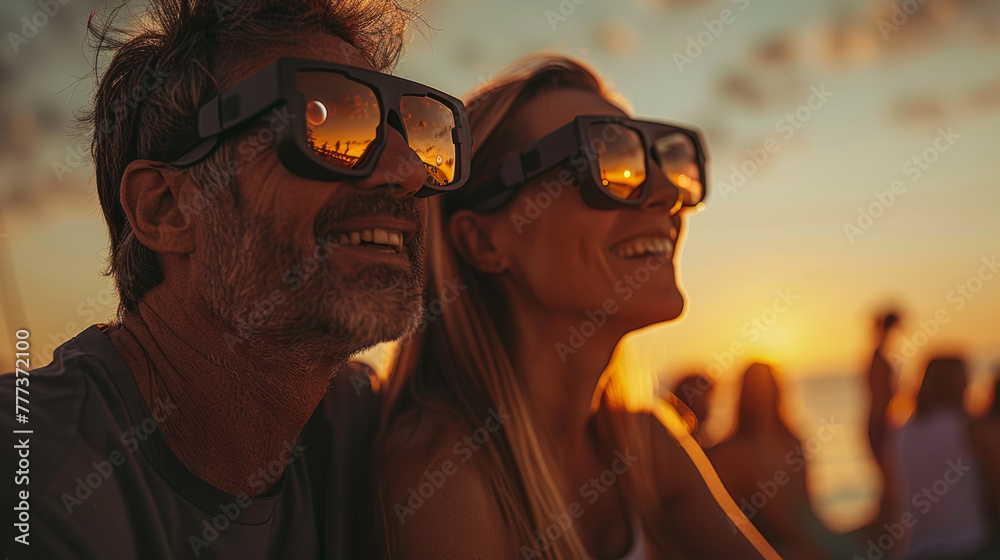 a couple watching solar eclipse through safe solar viewing glasses outdoors in the park - obrazy, fototapety, plakaty 