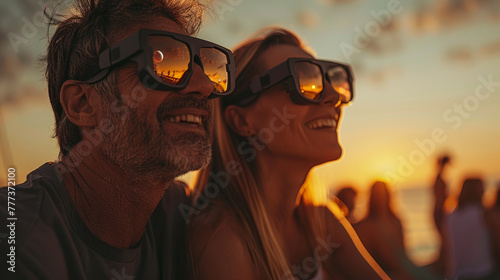 a couple watching solar eclipse through safe solar viewing glasses outdoors in the park photo