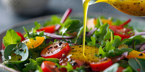 Tasty Salad with Mustard Vinaigrette Dressing in CloseUp Culinary Detail