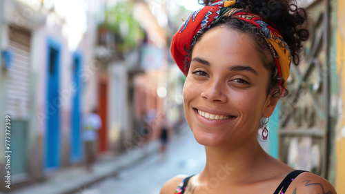30-year-old black Brazilian woman in common everyday situations.