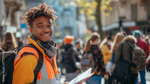 A man with a backpack and orange jacket standing in the middle of people, AI