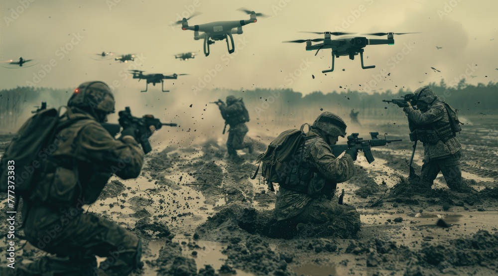 soldiers in the mud, fighting an army of drones flying overhead - obrazy, fototapety, plakaty 