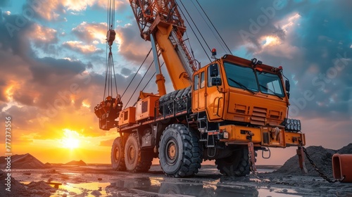 A large orange construction vehicle is parked on a muddy road photo