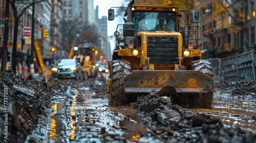A yellow construction vehicle is driving down a street in the rain © bird_saranyoo