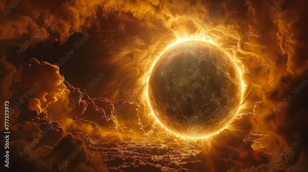 a rare astronomical phenomenon when the moon covers the sun called solar eclipse, golden crown of sun, unusual event