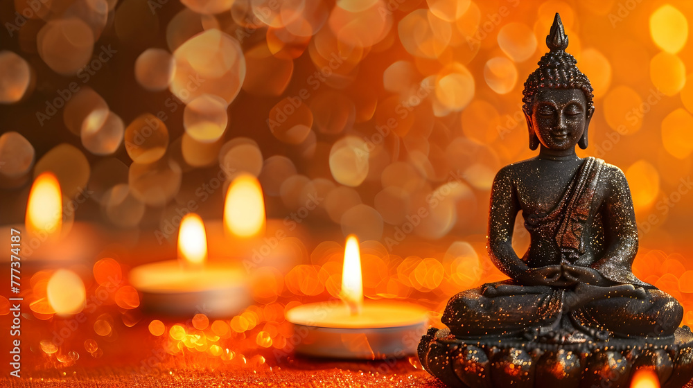 Banner depicting a Buddha statue and candles against an orange background, created in honor of Vesak Day, fills the soul with tranquility and spirituality, surrounded by shimmering bokeh and sparkle, 