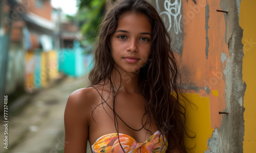 Lovely Brazilian teenage lady, gorgeous posing in bikini in front of graffiti wall in a Favela in Rio de janeiro, Brazil