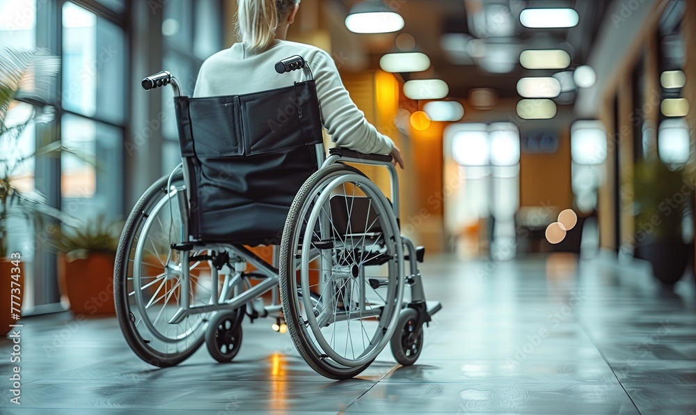 Obraz premium A woman in a wheelchair is walking down a hallway