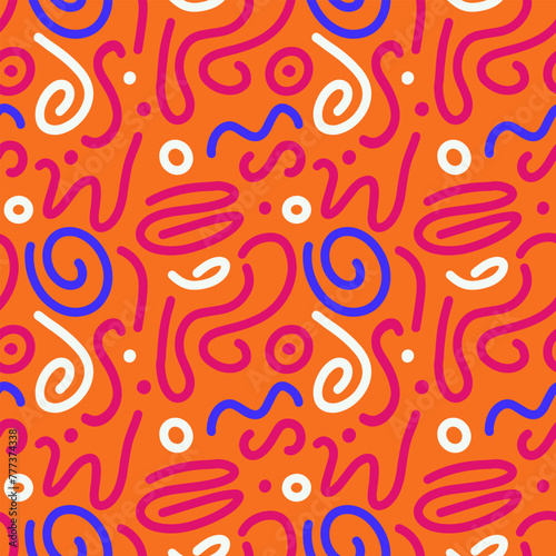 Doodle seamless pattern line. Abstract drawing background colorful stroke. Blue, pink, white linear on orange backdrop. Vector file