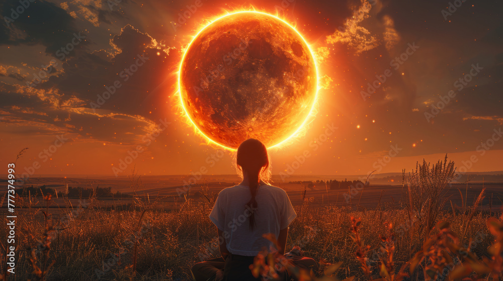 The teenage girl stands in the field and gazes into the sky, observing the total solar eclipse, an unusual and frightening natural phenomenon - obrazy, fototapety, plakaty 