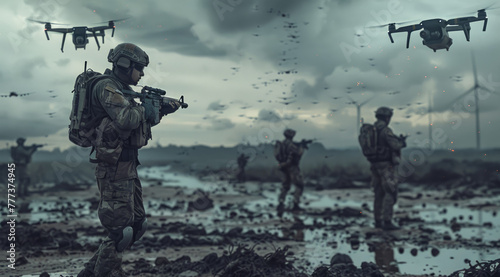 soldiers in the mud, fighting an army of drones flying overhead photo